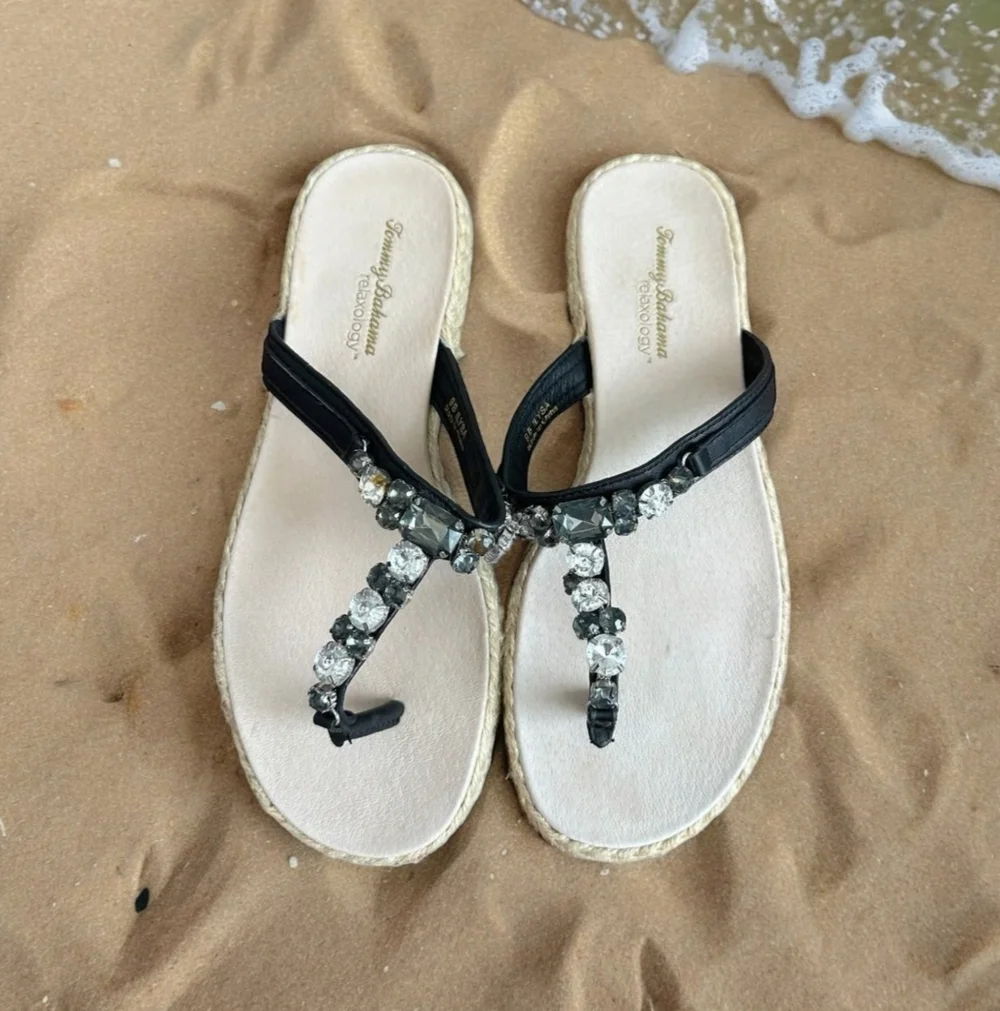 Women's Shoes TOMMY BAHAMA Relaxology Crystals Accent Black Leather Flip Flops